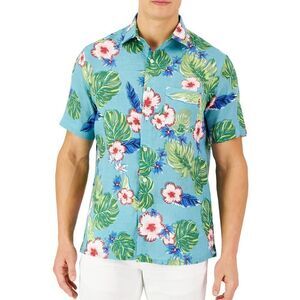Club Room Luxury Short-Sleeve Tropical 100% Linen Button Up Shirt Size L